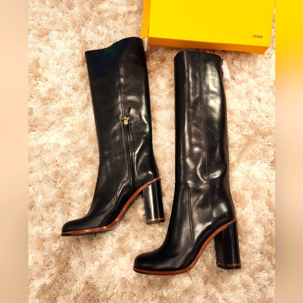 $1550 Brand New 100% Auth Fendi Over the Knee Black Leather Boots Sz 39 9 - Picture 4 of 13